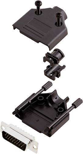 Exploded view diagram of a multi-part D-Sub connector with housing and screws. Illustrates the arrangement and components.