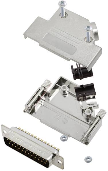 Open metal enclosure with screws and cables, shown as an illustration of a connector set for electronic applications.