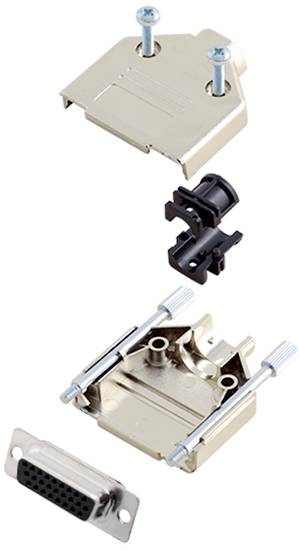 Connector kit with metal housing, screws and black plastic component for cable assembly. Suitable for D-Sub connections.