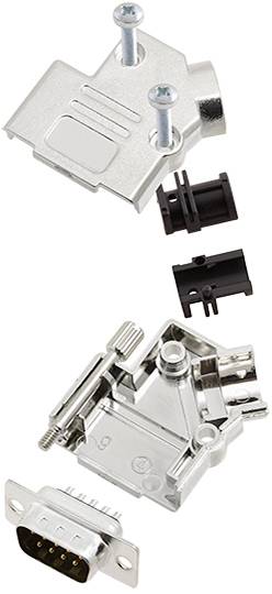 Metal electrical connector, open, with screws and plastic components. Upper section separated from lower section, revealing internal structure and connection pins.