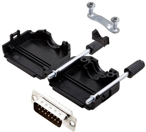 'A D-Sub connector set consisting of a metal contact block, plastic housing, screws and mounting bracket.'