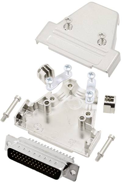 A disassembled metal enclosure for a connector with screws and mounting elements, illustrating its construction.