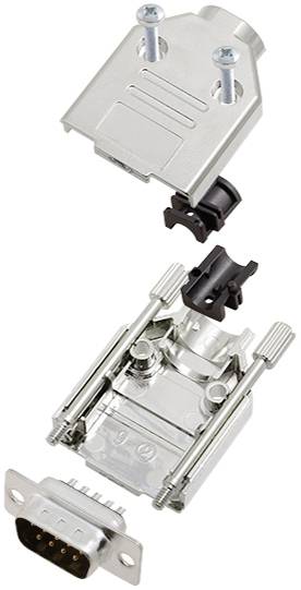 Metal connector housing in individual parts: housing, screws, cable holder. Demonstrates assembly of a D-sub connector.