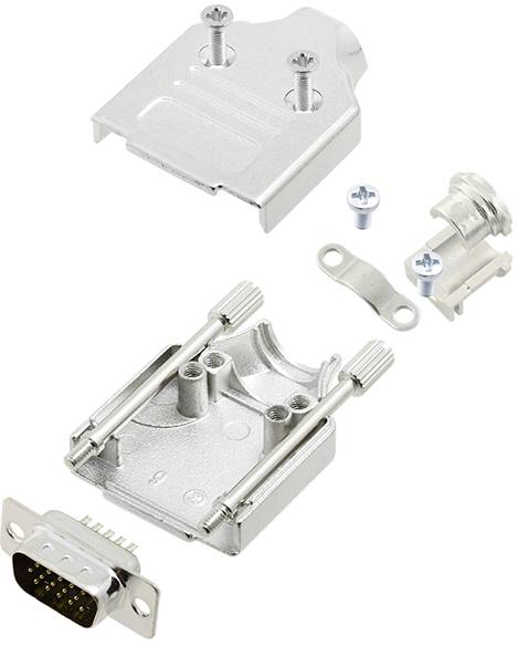 'Dismantled D-Sub plug kit: Housing parts, screws, cable mounting bracket, and connector with silver-coloured pins.'