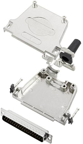 Metal plug housing with an open design; visible screw connections and cable connection.