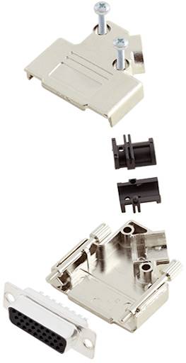 'Exploded view of a D-Sub connector: metal housing, screws, plastic spacers and connector type illustrated.'