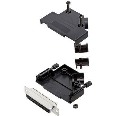 An open socket housing with a D-Sub plug, two screws and plastic components, for mounting cable connections.