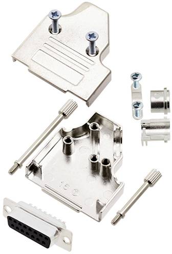 Metal housing for D-Sub plugs in individual parts: upper and lower housing parts, screws, nuts, and cable clamp.