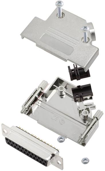 Exploded view diagram of a D-Sub connector with screws and cover, showing the individual components and their assembly.