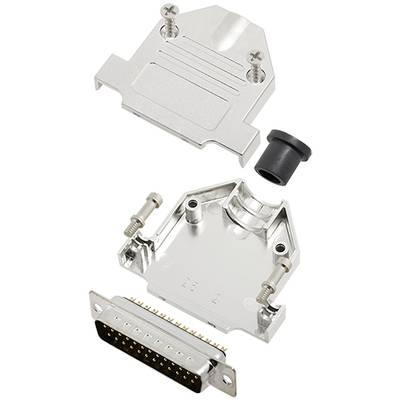 Open housing of a D-sub connector with metal cover, screws, and black plastic element, showing internal structure.