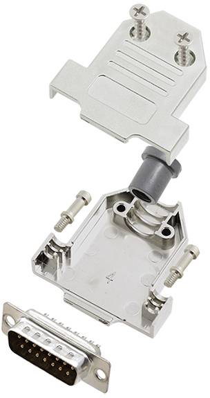 Exploded view of a D-sub connector with metal housing and mounting screws, showing internal components and housing.