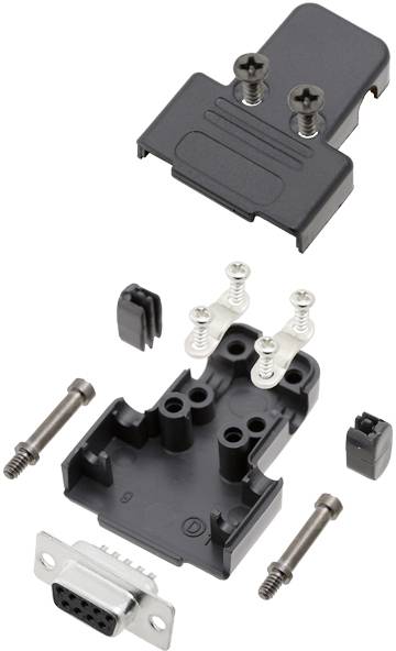Disassembled housing of a DB9 connector, comprising upper and lower sections with screws and connection pieces, to illustrate its construction.