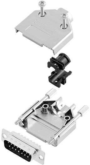 Exploded diagram of a 9-pin D-sub connector with housing, screws and cable clamps, illustrating the construction.