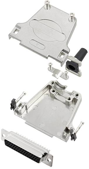 'Exploded view of a D-Sub connector housing' with visible individual components such as housing cover, screws and connector.