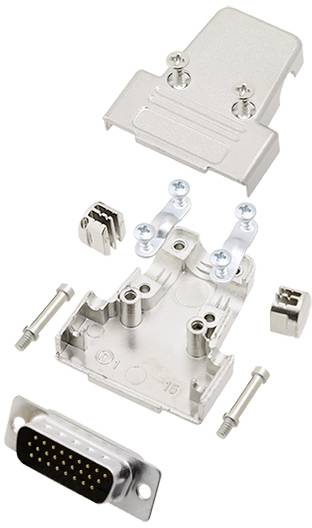 Metal connector housing with screws and connections, disassembled into its individual components.