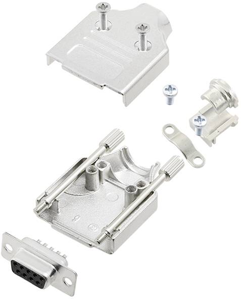 Metal housing kit for Sub-D connector, comprising two housing parts, screws and cable gland, for mounting electronic connections.