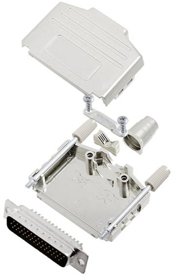 A disassembled housing of a D-sub connector with top and bottom sections, screws, and connection pieces, displaying its individual components.