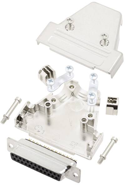 Open metal enclosure of a connector, comprising individual components such as screws, housing cover, and terminal strip.