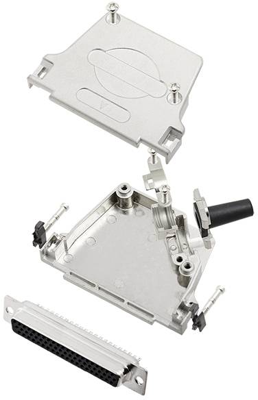 Disassembled parts of a metal enclosure for an electronic connector: lid, housing with hinge, and a 25-pin socket.