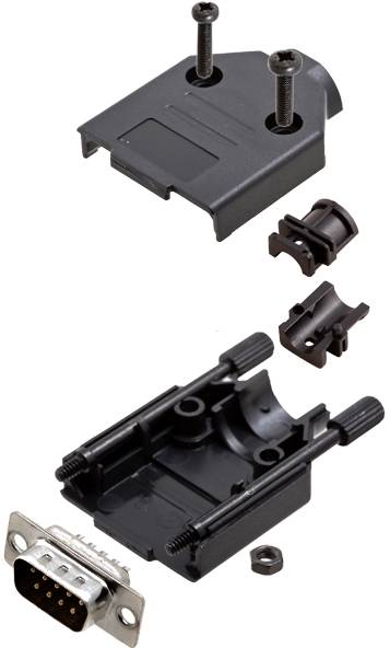 Disassembled D-sub connector housing set with mounting screws and clamps, ready for assembly. Suitable for cable terminations.