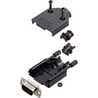 Disassembled D-sub connector housing set with mounting screws and clamps, ready for assembly. Suitable for cable terminations.