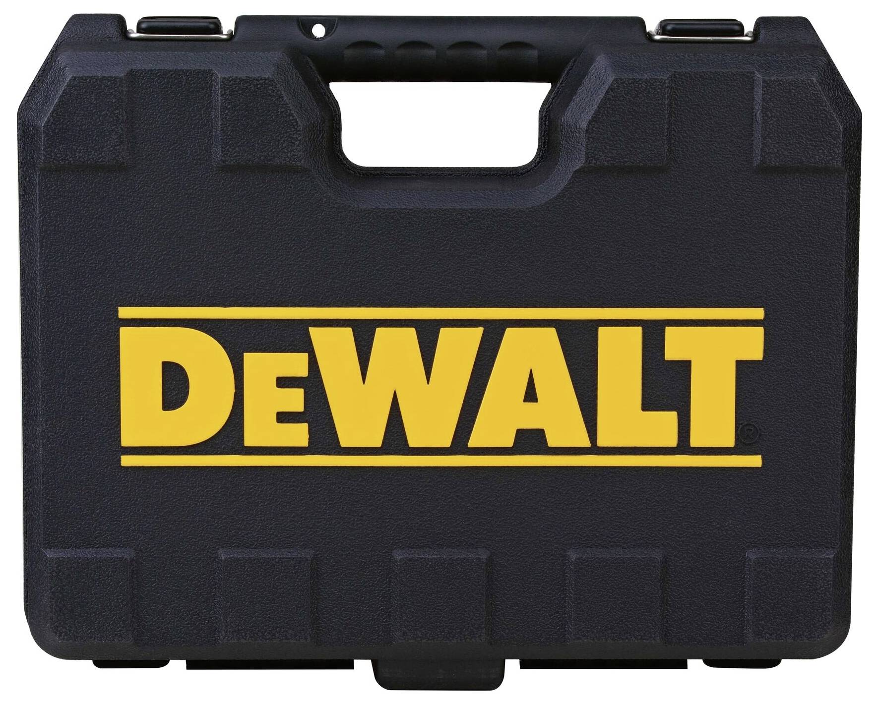 Black tool case with yellow 'DEWALT' logo, robust design, carry handle on top.