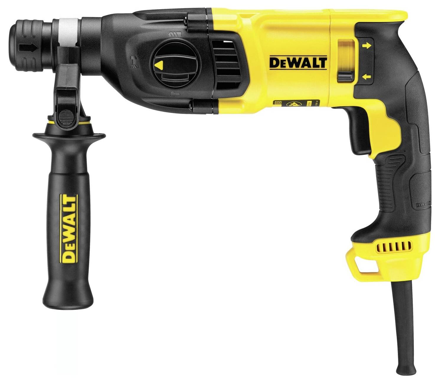 A yellow and black electric drill by DeWalt, with a side handle for stability, shown from the side.
