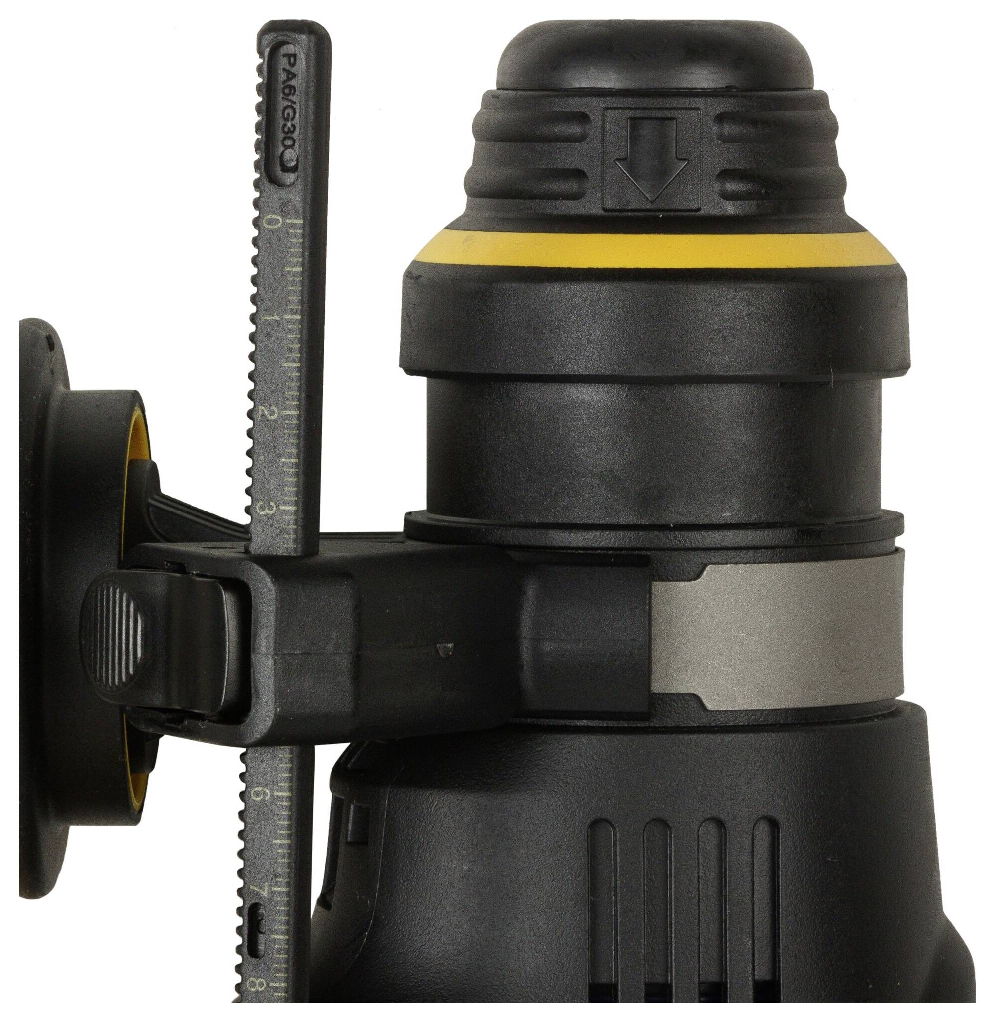 Laser, vertically aligned, with a black and yellow housing and scale, ideal for construction work and precise surveying.