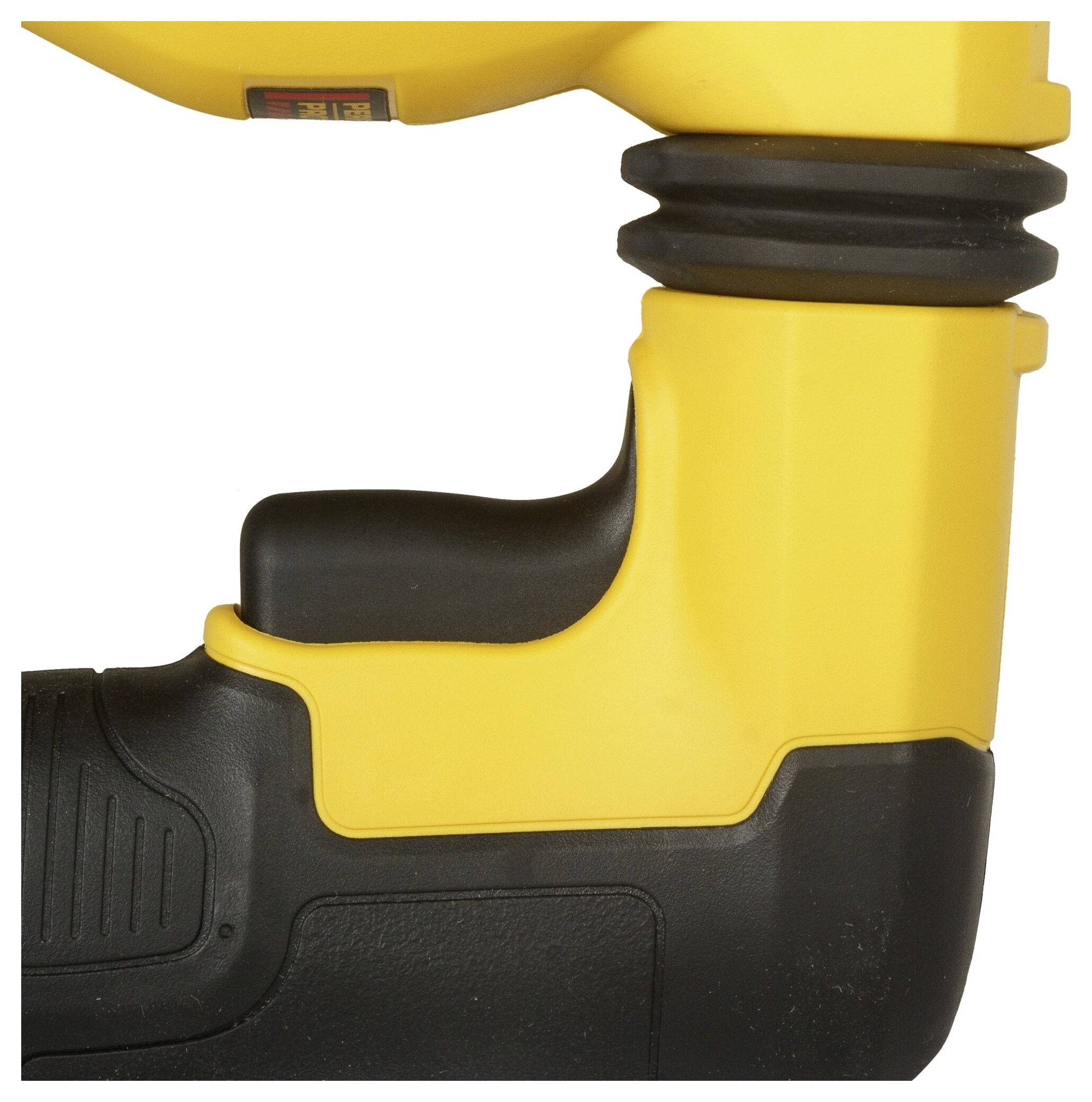 Close-up of a yellow power tool with an ergonomic handle, partially visible. Focus on handle design and colouration.