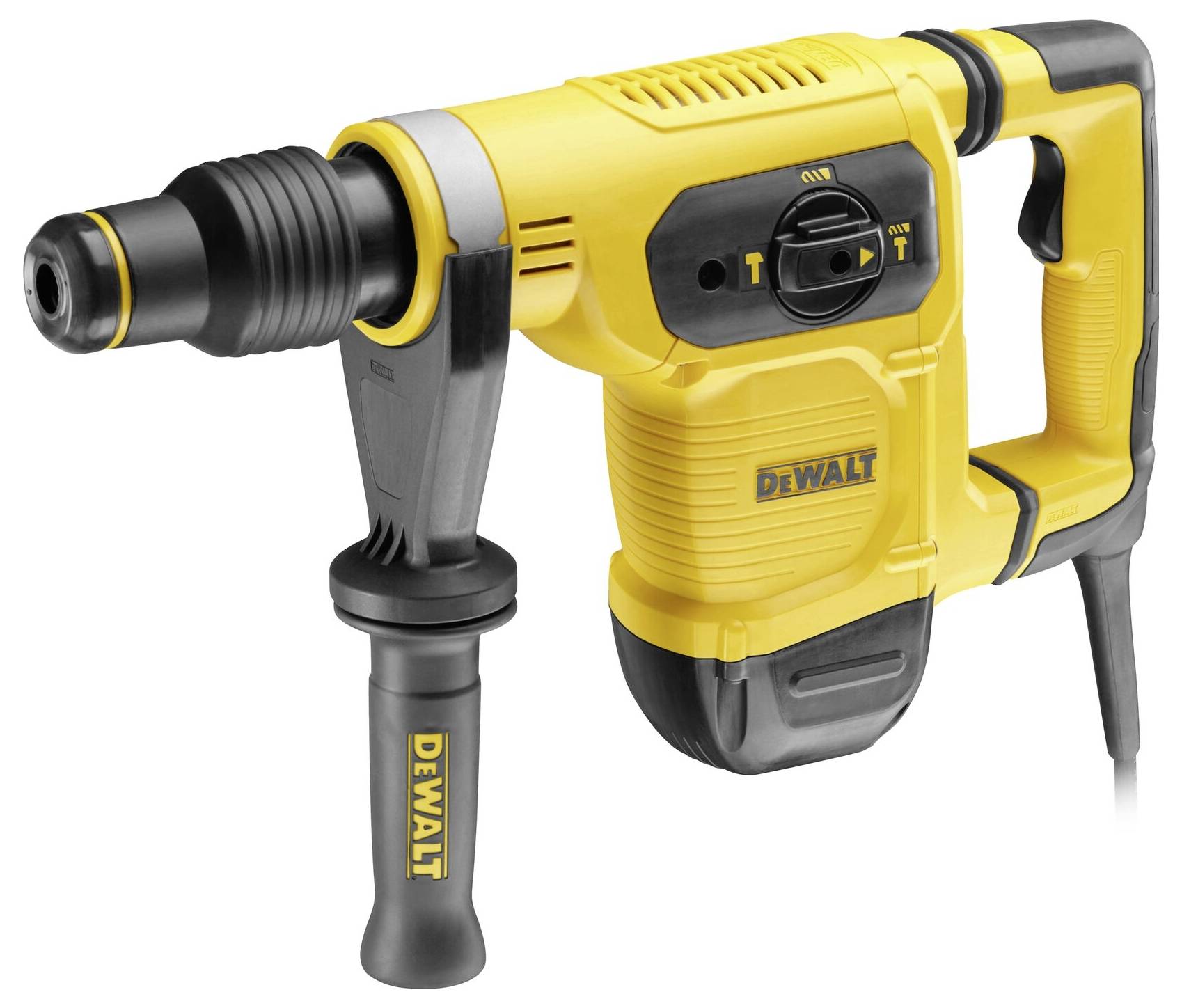 A yellow electric drill hammer with a handle, suitable for heavy-duty construction work.