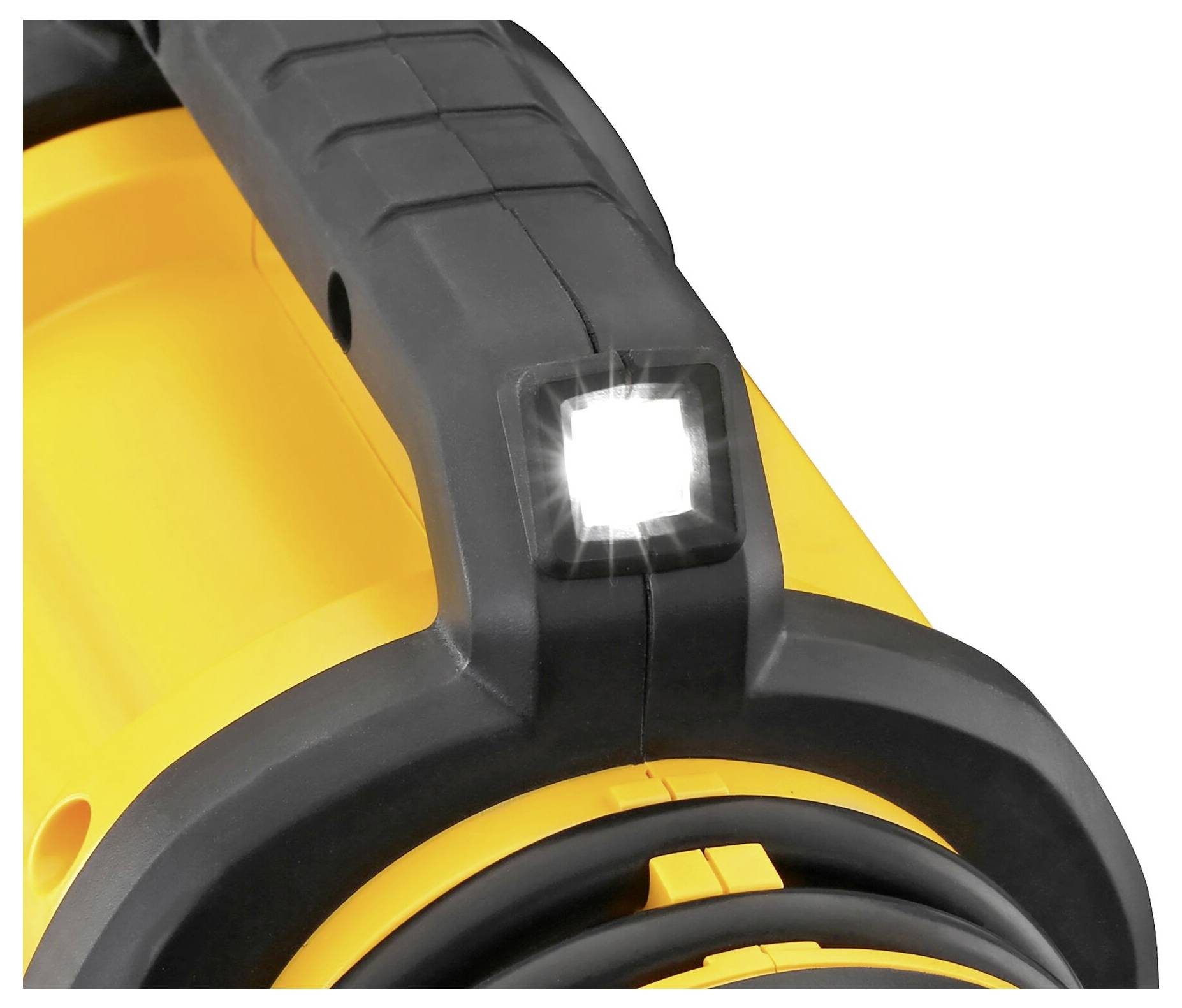 A yellow work light is shown up close, with the front white LED light shining brightly. The device is compact and robust.