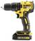 Cordless drill, black and yellow, with 'DeWalt' branding, 18V, brushless motor. Ideal for construction projects and DIY tasks.