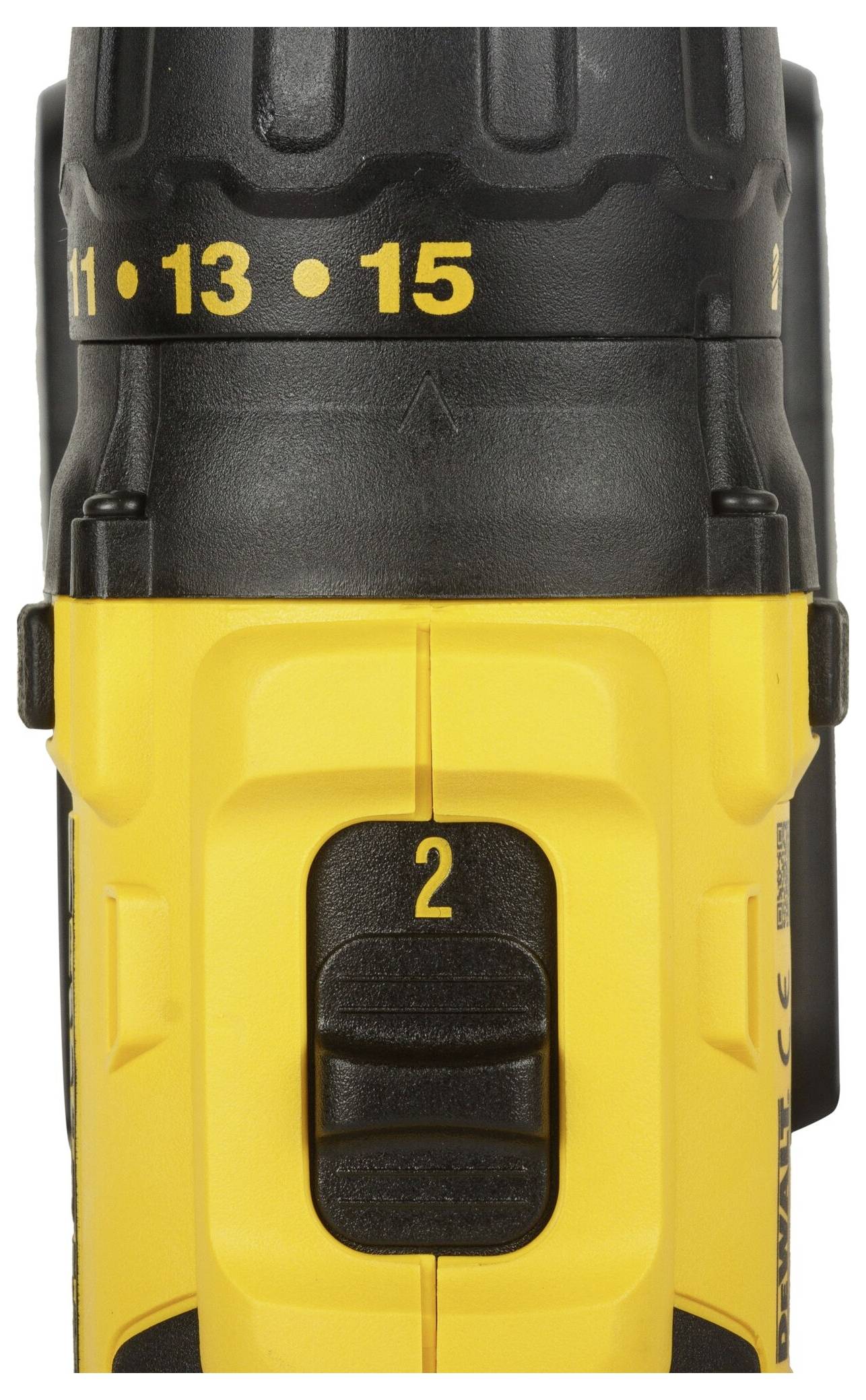 Close-up of a yellow electric tool with a black control surface and scale display showing numbers 11, 13 and 15. Switch setting is on 2.