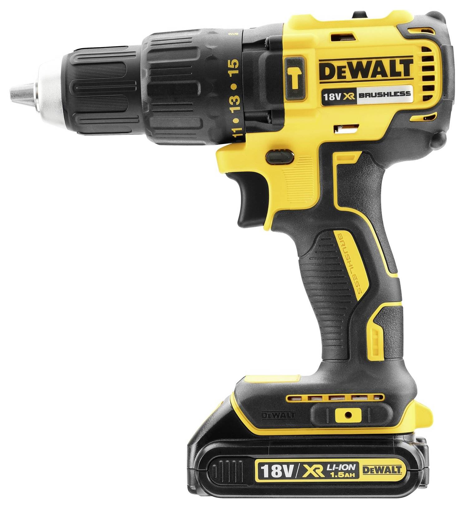 A yellow and black DeWalt cordless drill, 18V XR Brushless model, with built-in 1.5Ah Li-Ion battery.