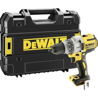 A cordless drill in black and yellow positioned in front of a black case with the 'DeWALT' logo.