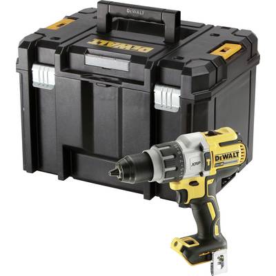 Cordless drill and black tool case by DEWALT. The drill is yellow and black and is positioned in front of the closed case.
