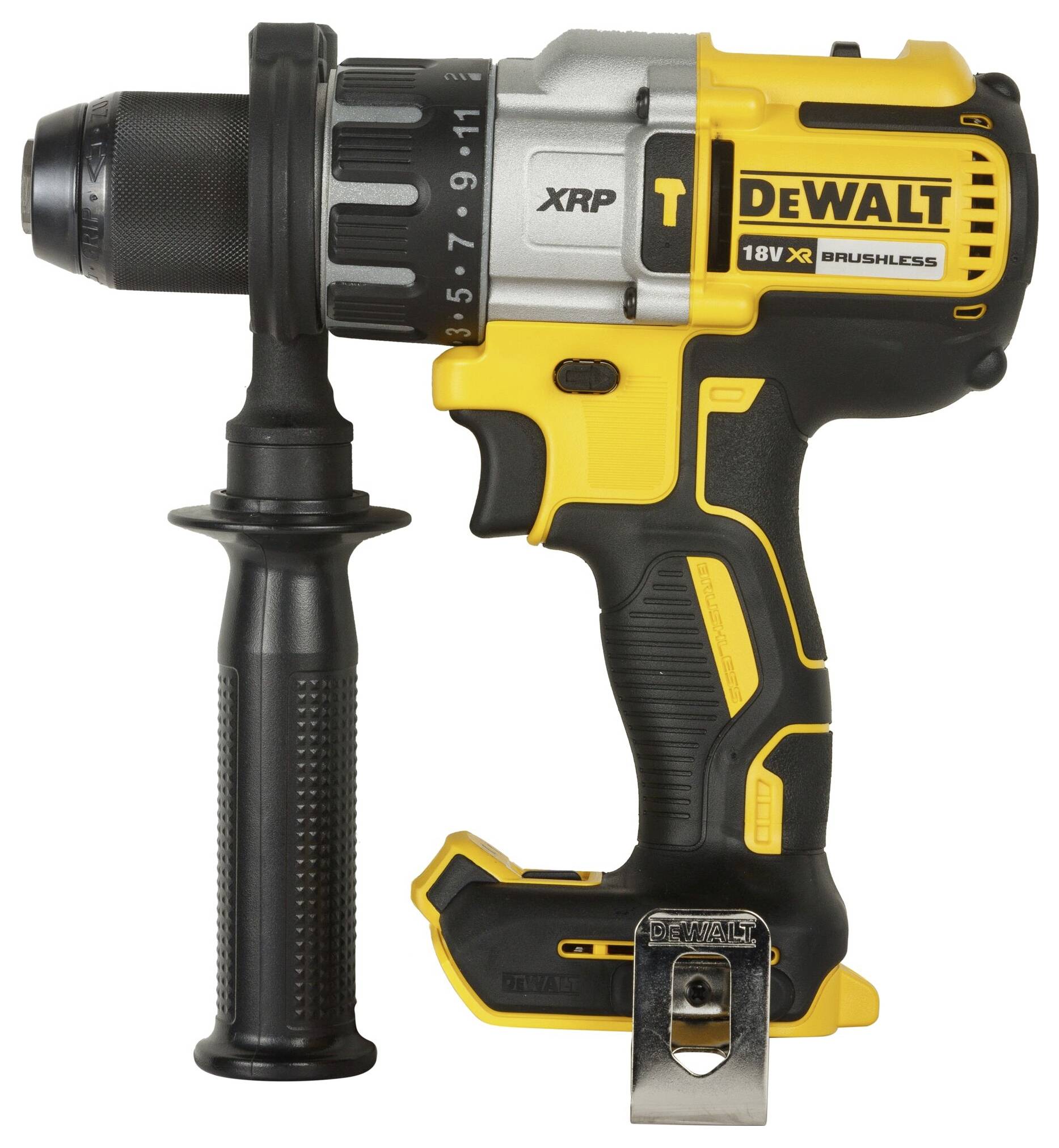 Cordless drill with side handle, yellow and black design, brand visible, high torque, suitable for heavy-duty work.