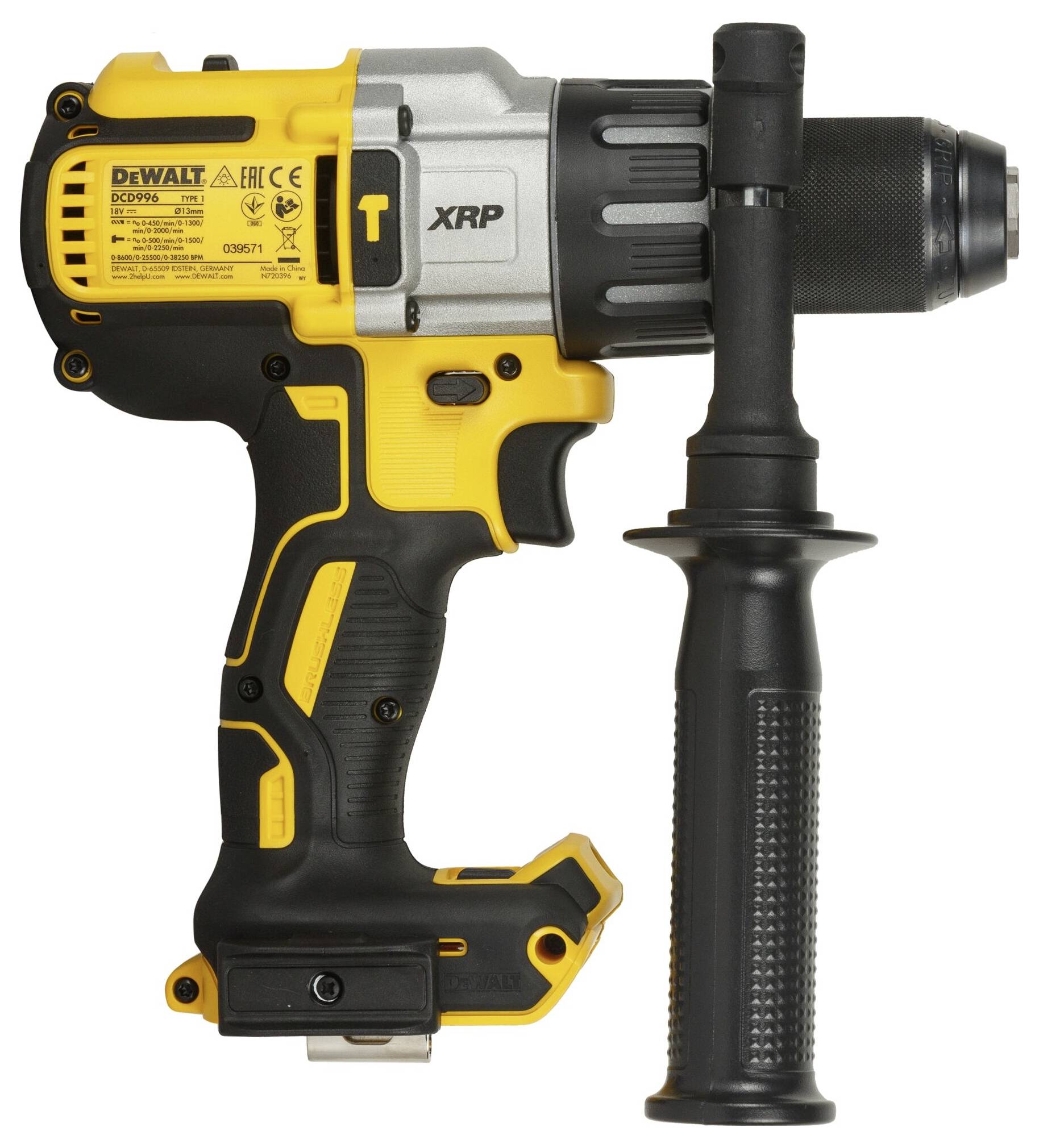 Cordless drill with a yellow and black housing, featuring an additional handle for stability.