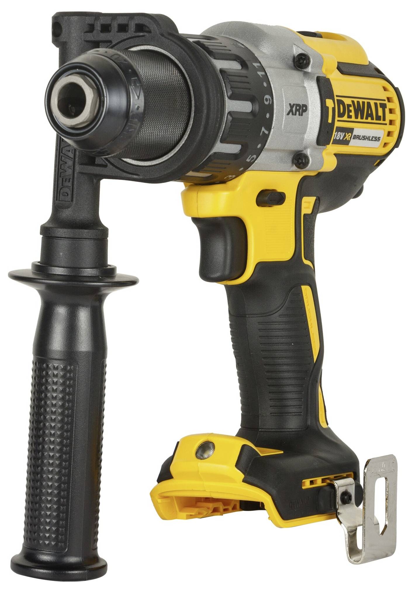 A yellow and black cordless drill with a side grip demonstrates a robust construction, suitable for DIY and trade work.