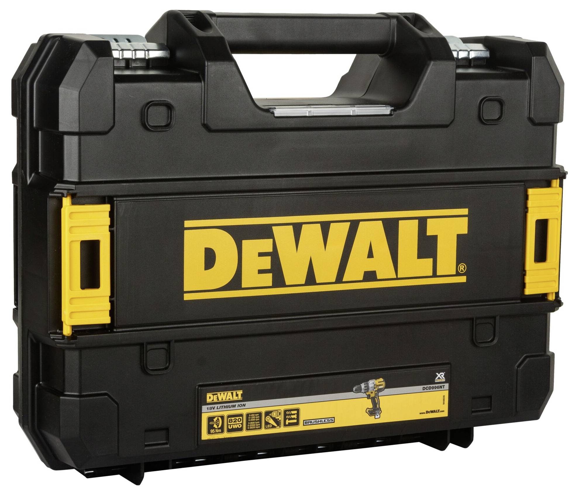 A black tool case with yellow details and the 'DEWALT' print, demonstrates stability and brand identity.