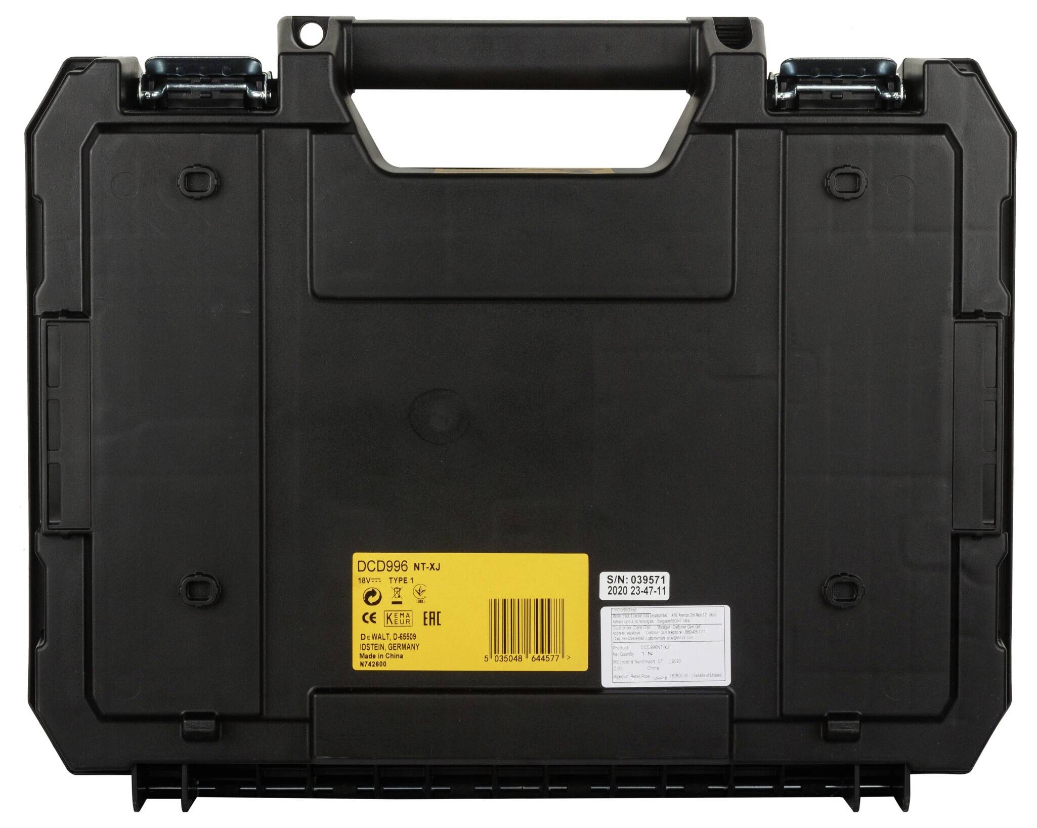 Black tool case with handle, yellow label featuring model number 'DCD996' and manufacturer details on the front.