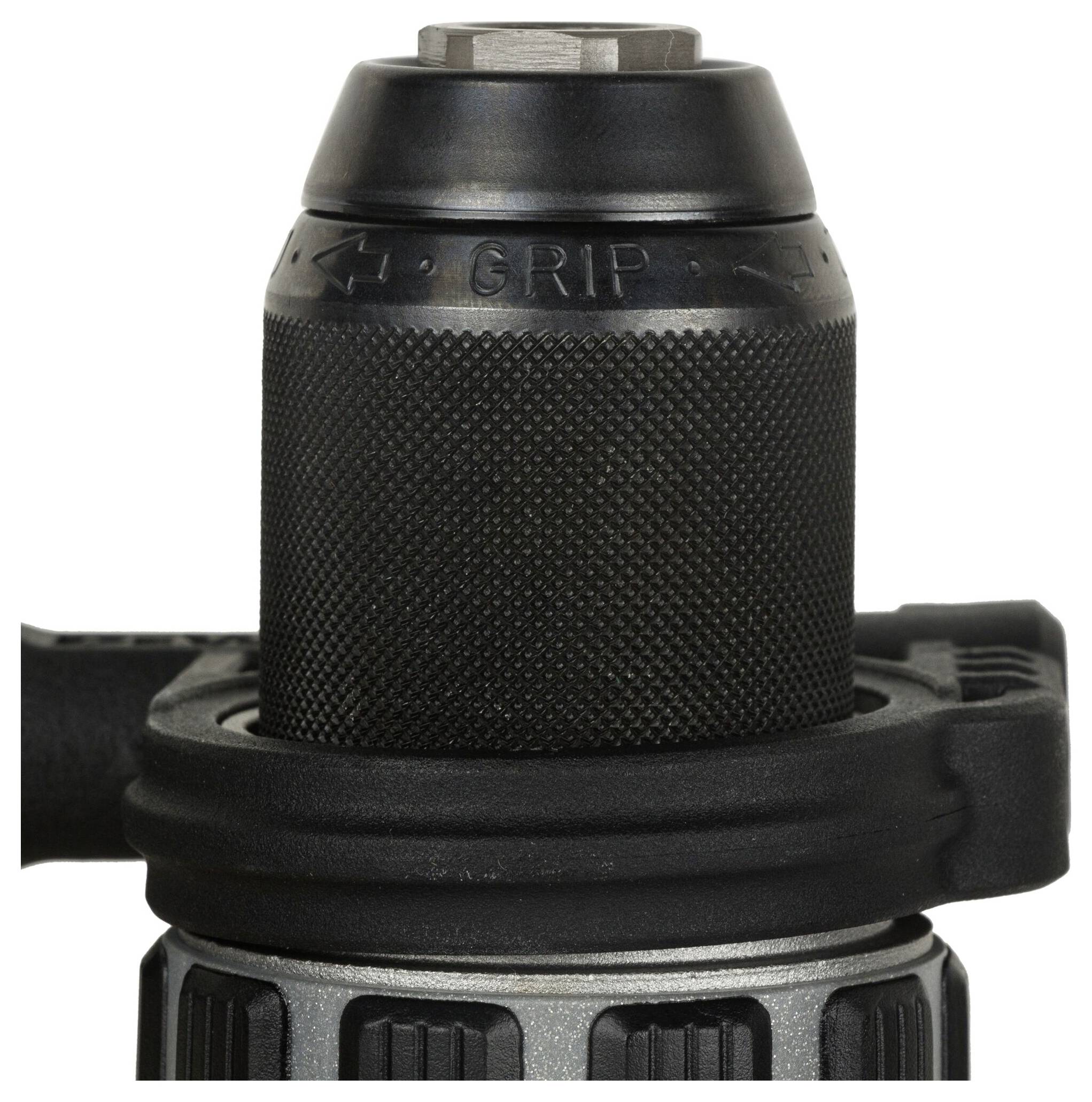 Close-up of a black drill chuck on an electric drill with the text 'GRIP', showing the structure and orientation guidelines.