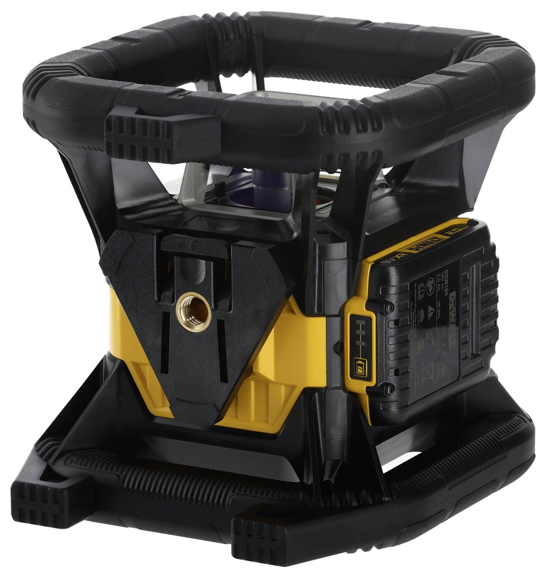 Portable, battery-powered air compressor in black and yellow, perfect for on-the-go use. Compact and robustly constructed.