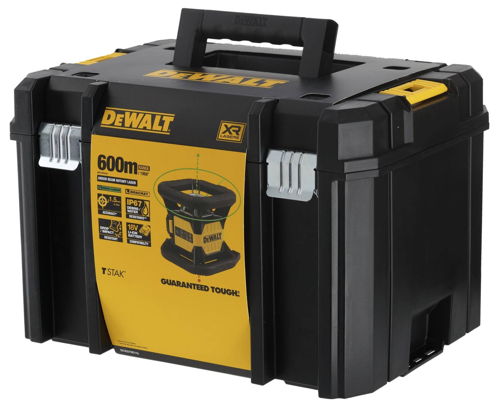 Black DeWalt tool case with yellow logo and sticker. Robust design with metal clasps, portable via top handle.