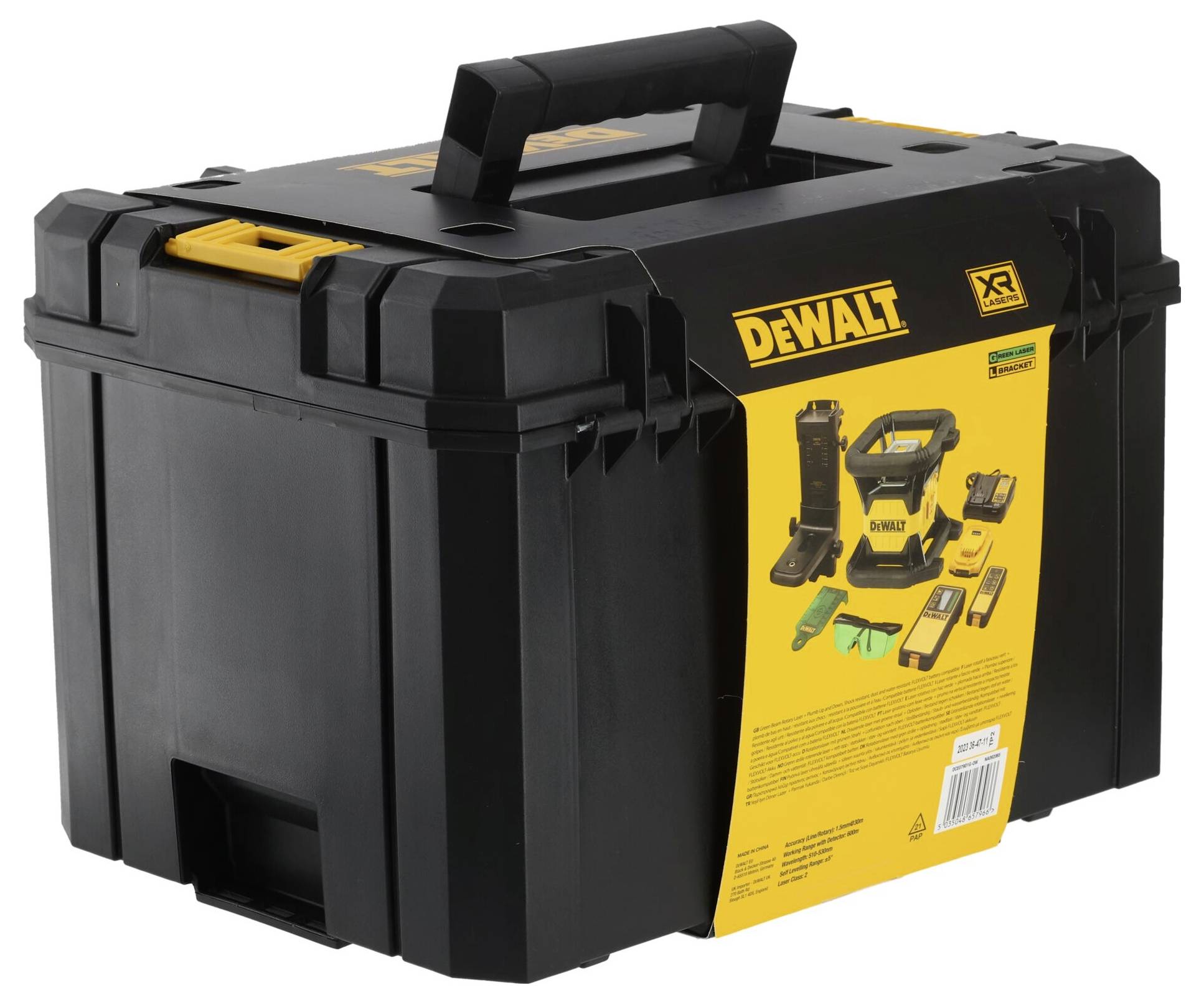 Black tool case with yellow 'DEWALT' logo, displaying images of cordless power tools and accessories on the front.