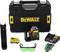 A DEWALT laser levelling device set with carrying case, battery, charger, green protective glasses, and wall mount.