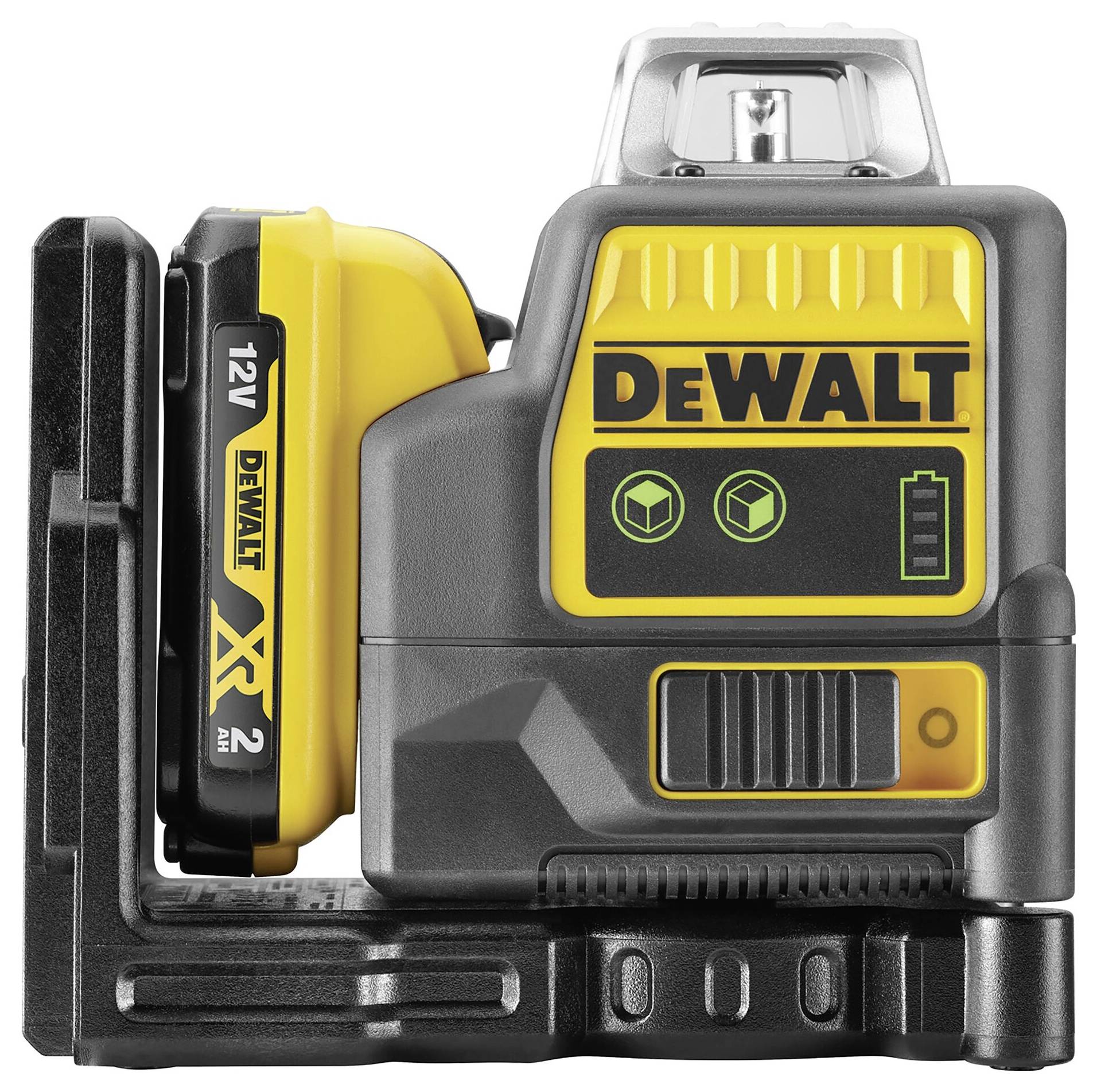 A black and yellow DeWalt charger with a 12V battery pack, featuring icons and the brand name on the front.