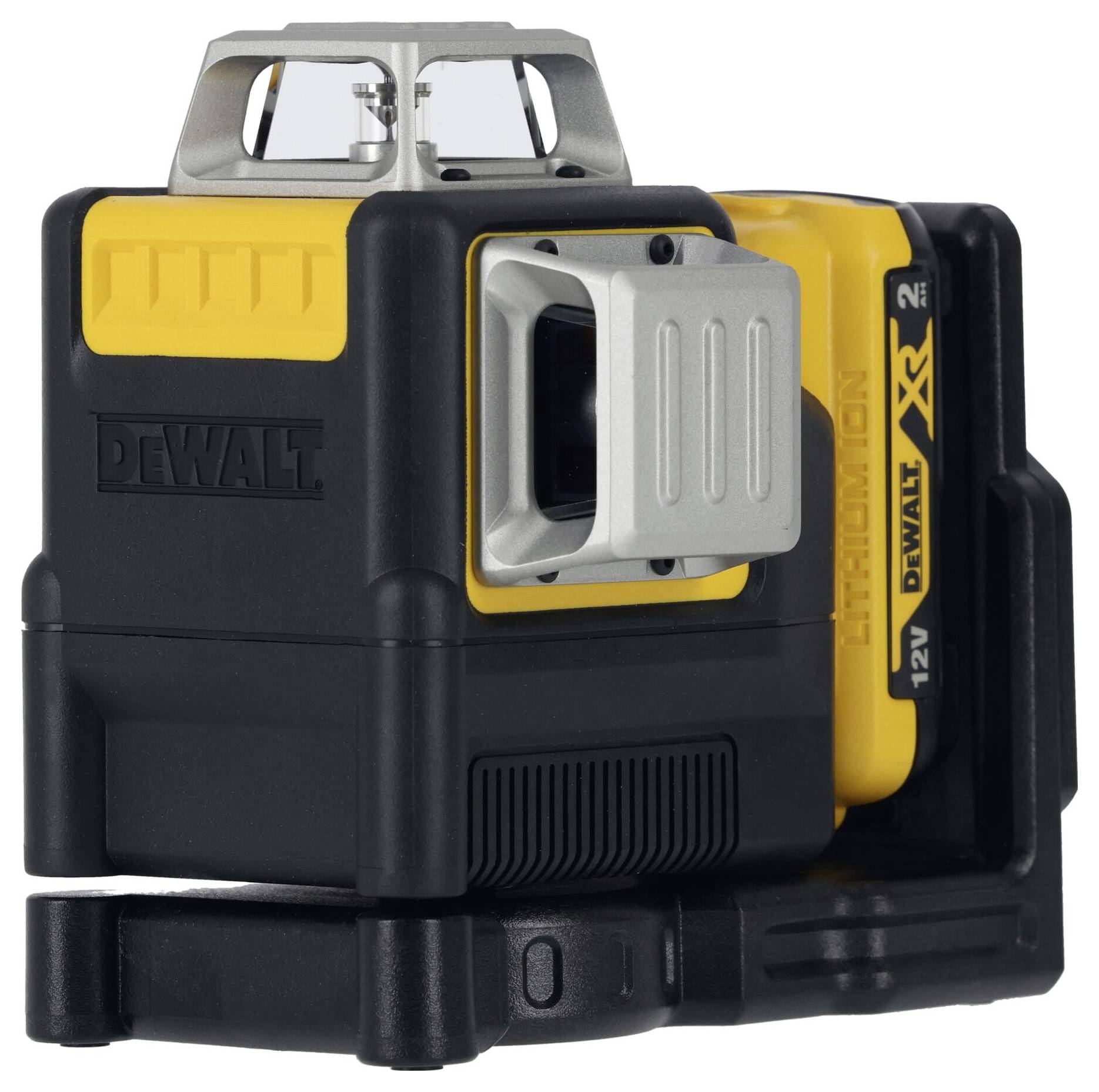 A yellow and black laser measuring device on a white background, with a logo of a well-known tool brand on the side.