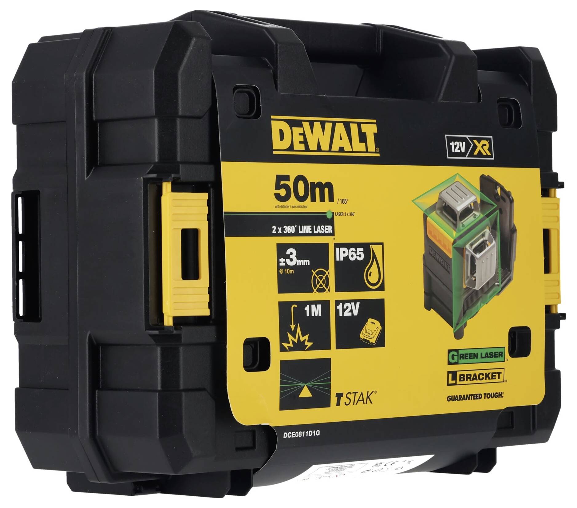 Black DeWalt tool case with yellow logo, marked with laser information: 50m range, IP65 protection, 12V power supply.