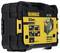 Black DeWalt tool case with yellow logo, marked with laser information: 50m range, IP65 protection, 12V power supply.